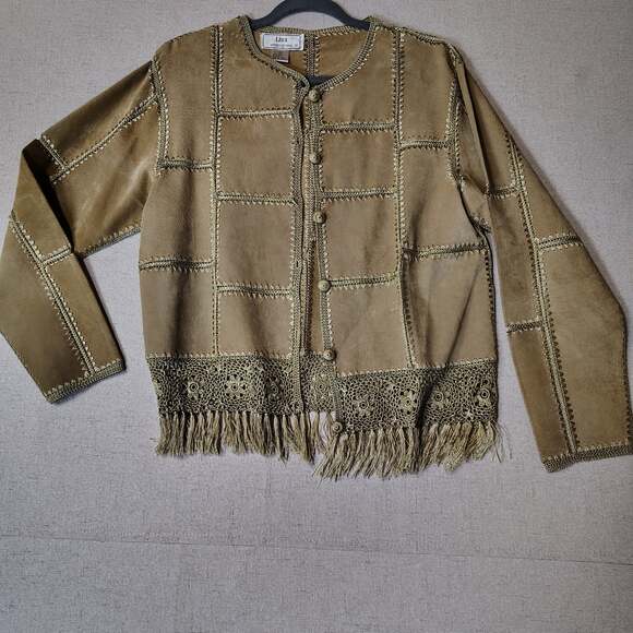 Lisa international Jackets & Blazers - Patchwork Suede Jacket Womens M Boho Western Crochet Fringe 70s Hippie